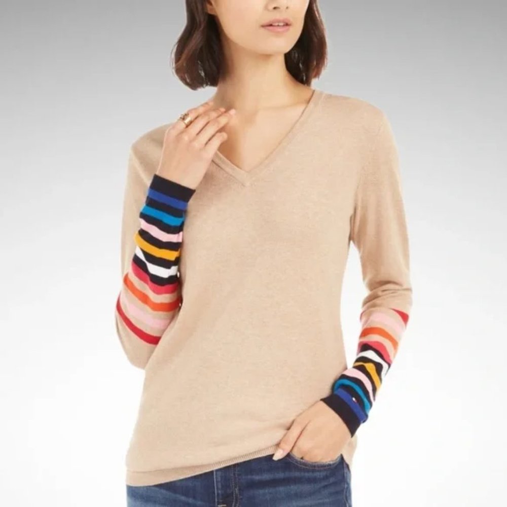 Tommy Hilfiger Tan V Neck Rainbow Sleeve Sweater NWT XL